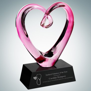 Art Glass Compassionate Pink Heart Award with Black Crystal Base