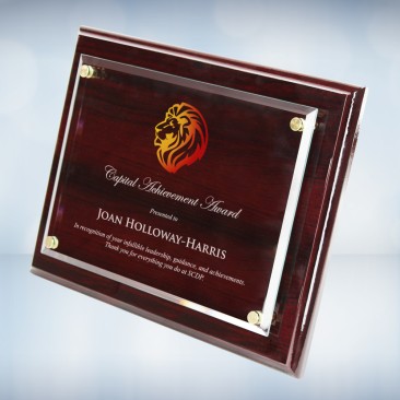 Color Imprinted Floating Acrylic Plate on Gloss Horiz./Verti. Rosewood Plaque
