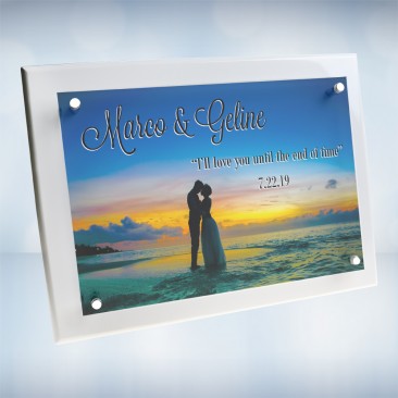 Color Photo Imprinted Floating Acrylic Plate on Gloss Horiz./Verti. White Wood Plaque