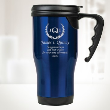 Monogrammed Blue Stainless Steel Travel Mug with Handle, 14oz