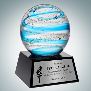 Art Glass Blue Jupiter Award with Black Crystal Base