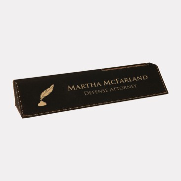 Black/Gold Leatherette Desk Nameplate with Business Card Holder