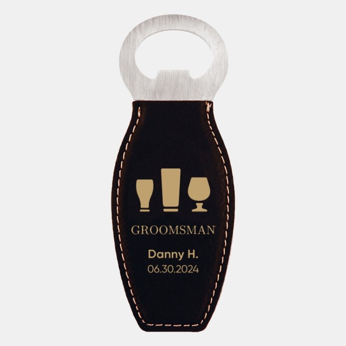 Pre-Designed Groomsman Black/Gold Leatherette Bottle Opener with Magnet