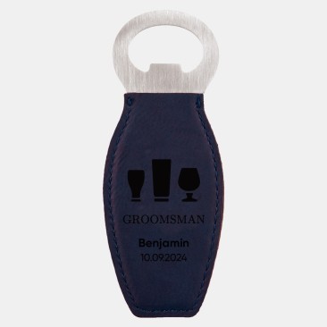 Pre-Designed Groomsman Blue Leatherette Bottle Opener with Magnet