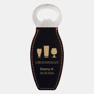 Pre-Designed Groomsman Black/Gold Leatherette Bottle Opener with Magnet