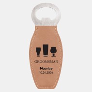 Pre-Designed Groomsman Light Brown Leatherette Bottle Opener with Magnet