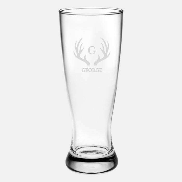 Pre-Designed Stag Antler Monogram Pilsner Beer Glass, 16oz