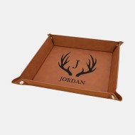 Pre-Designed Stag Antler Monogram Rawhide Leatherette Snap Up Tray with Silver Snaps